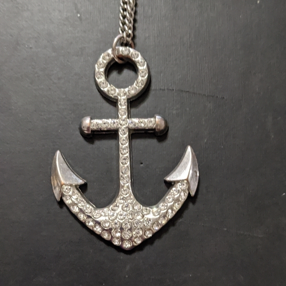 Silver Tone Clear Rhinestone Anchor Long Statement Necklace